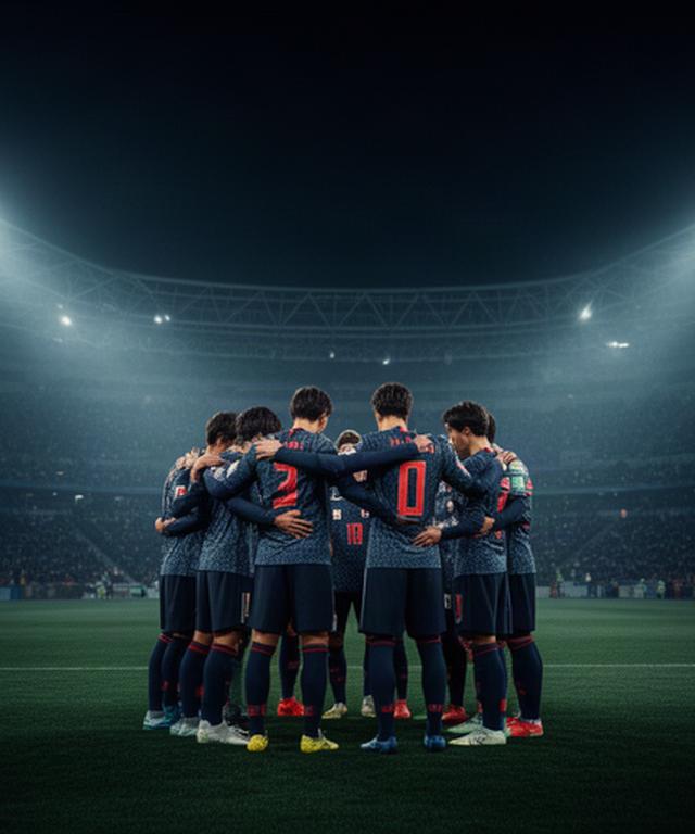 夜のスタジアムで円陣を組むサッカー日本代表選手たち